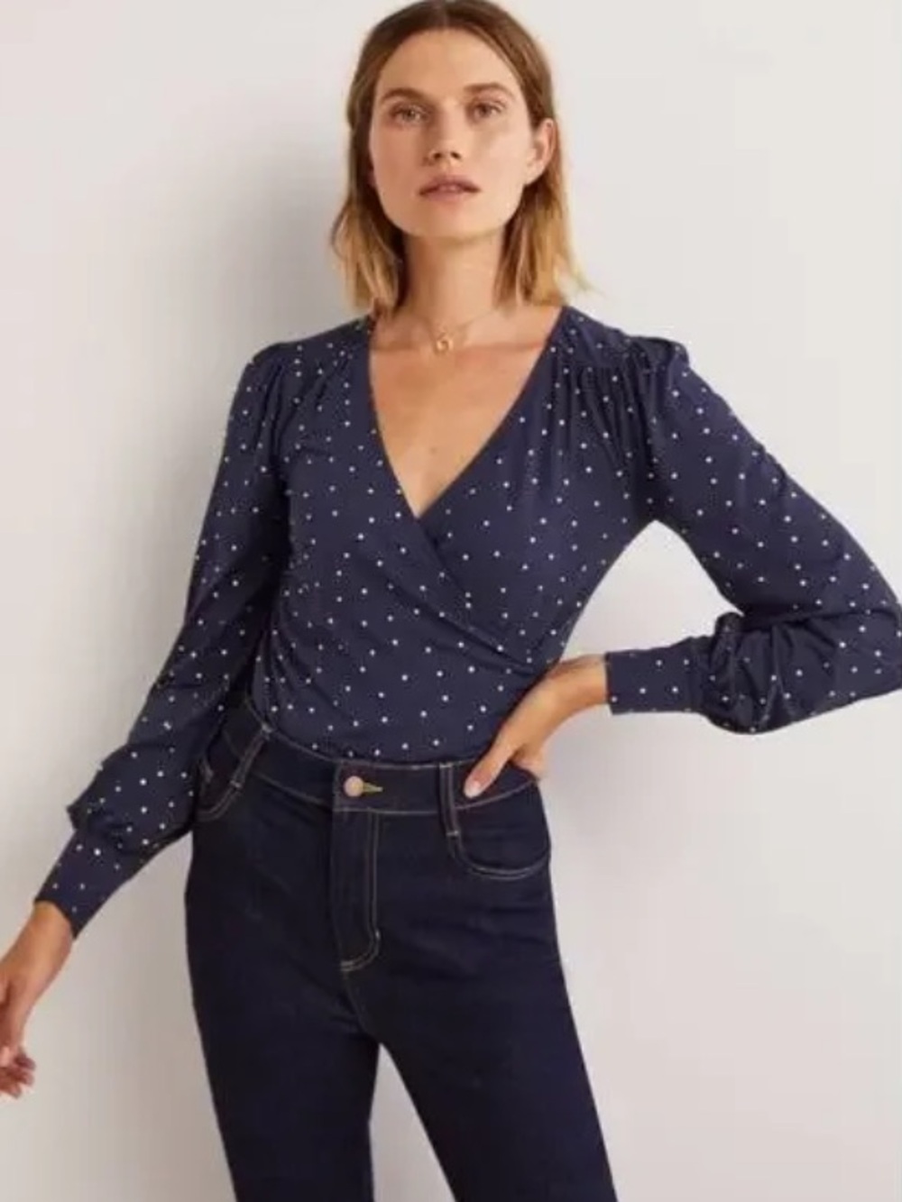 Boden Navy Wrap-Front Blouse with Gold Dot Print